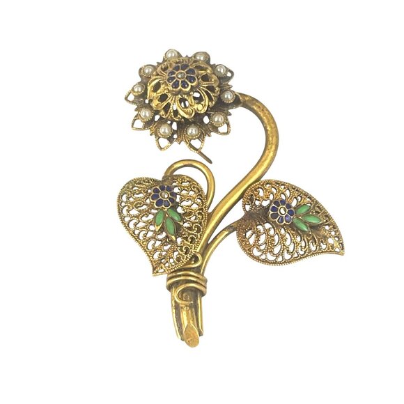 Vintage Floral Filigree Brooch Pin With Enamel & Faux Pearl Accents Gold Tone Co - Picture 2 of 8